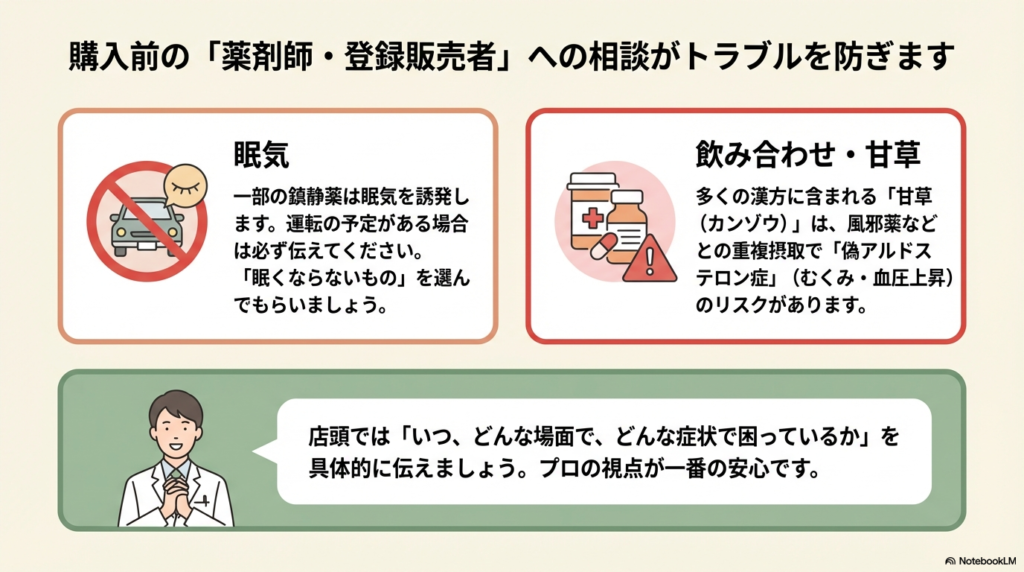 薬剤師・登録販売者への相談の重要性と、眠気の誘発や漢方薬に含まれる「甘草」による偽アルドステロン症のリスクについての注意喚起。