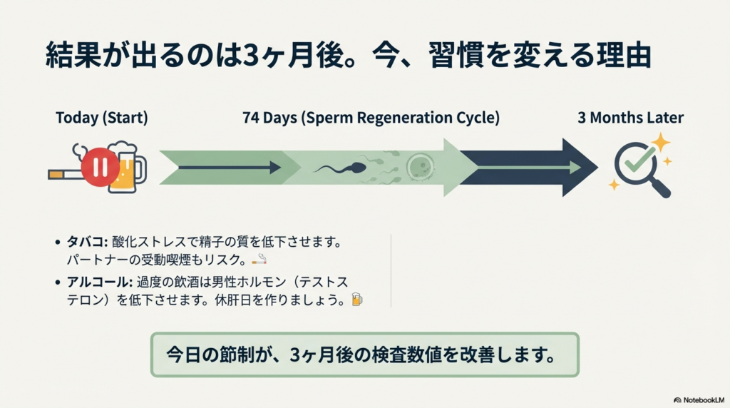 精子の再生サイクルは約74日間であり、結果が出るのは3ヶ月後であること。タバコの酸化ストレスや過度な飲酒が質を低下させるため、今から習慣を変える重要性を説く図。