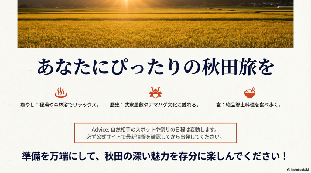 癒やし、歴史、食など、旅の目的に合わせたアドバイスと、公式サイトでの最新情報確認を推奨するまとめのスライド。