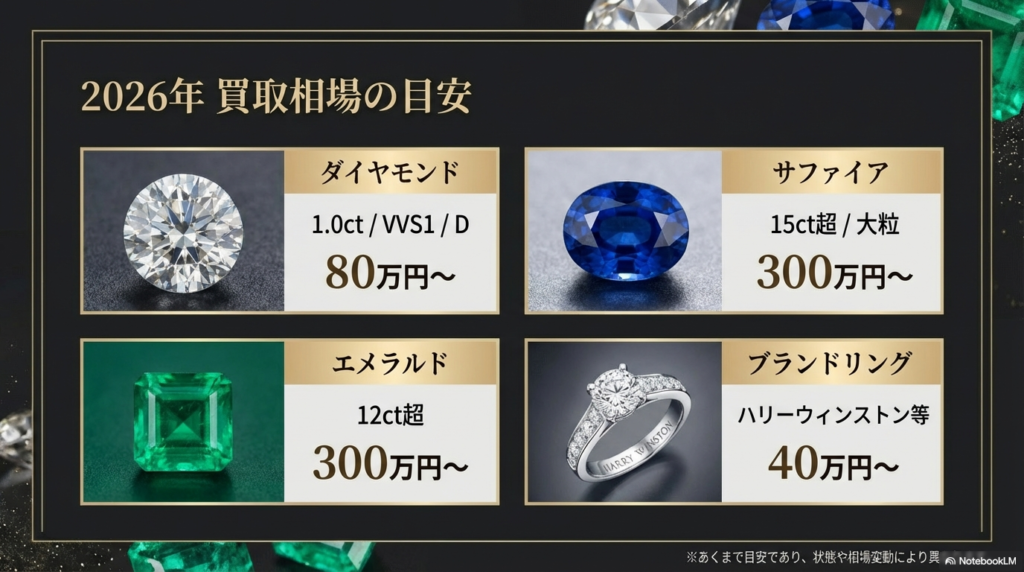 ダイヤモンド1ct（80万円〜）、エメラルド12ct超（300万円〜）、サファイア15ct超（300万円〜）、ブランドリング（40万円〜）の買取目安金額を記したスライド。