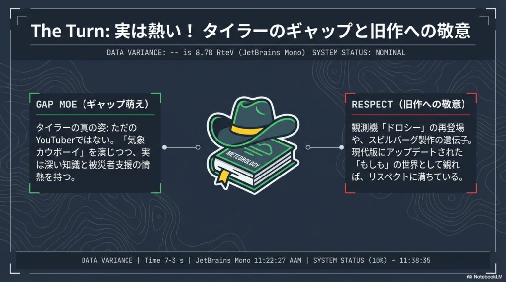 タイラーの真の姿（気象知識と支援への情熱）と、観測機「ドロシー」再登場による旧作への敬意を解説するスライド 。
