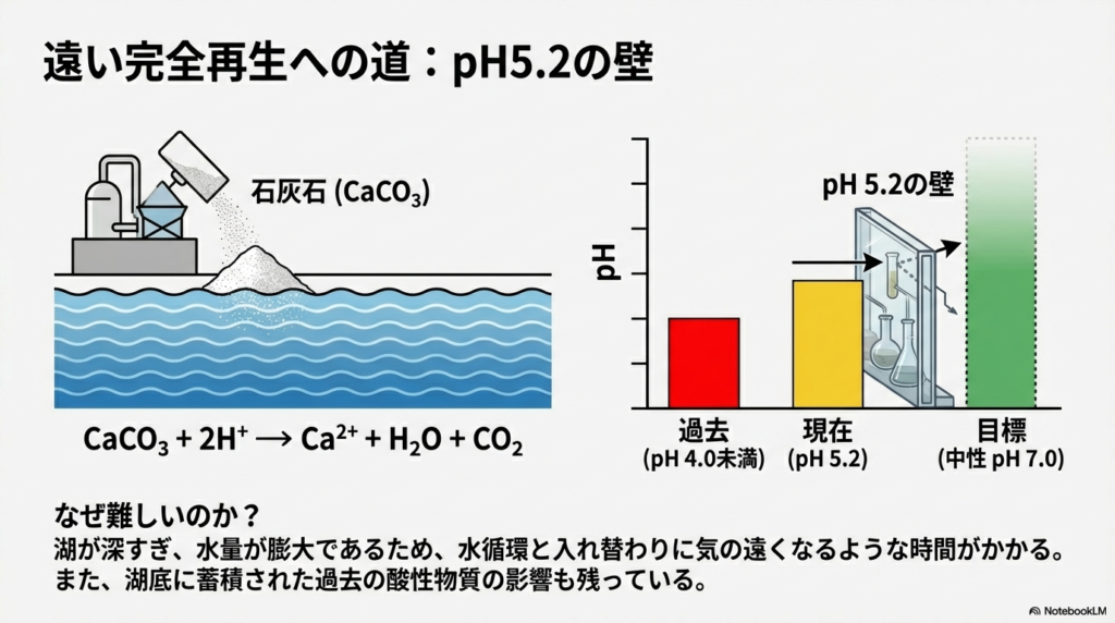 石灰石による中和反応式と、膨大な水量や湖底の堆積物の影響で中性化が進まない「pH 5.2の壁」を表現したグラフ。