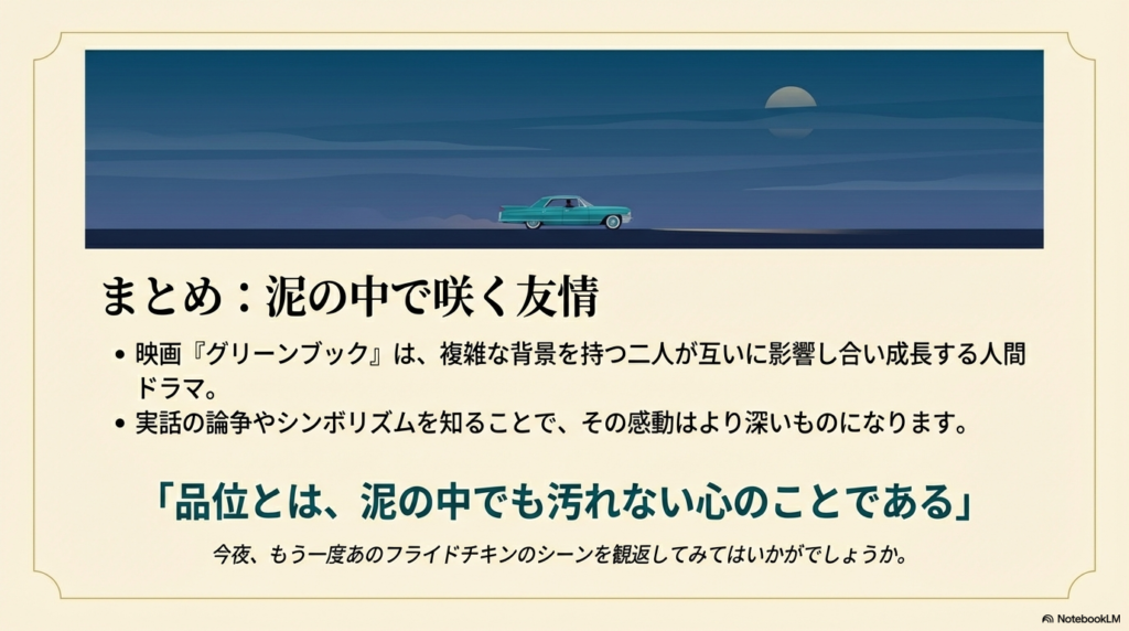 作品の本質的なまとめ。複雑な背景を持つ二人の成長ドラマであり、実話の論争や象徴を知ることで感動が深まること、そして品位とは泥の中でも汚れない心であることを再確認させる内容。