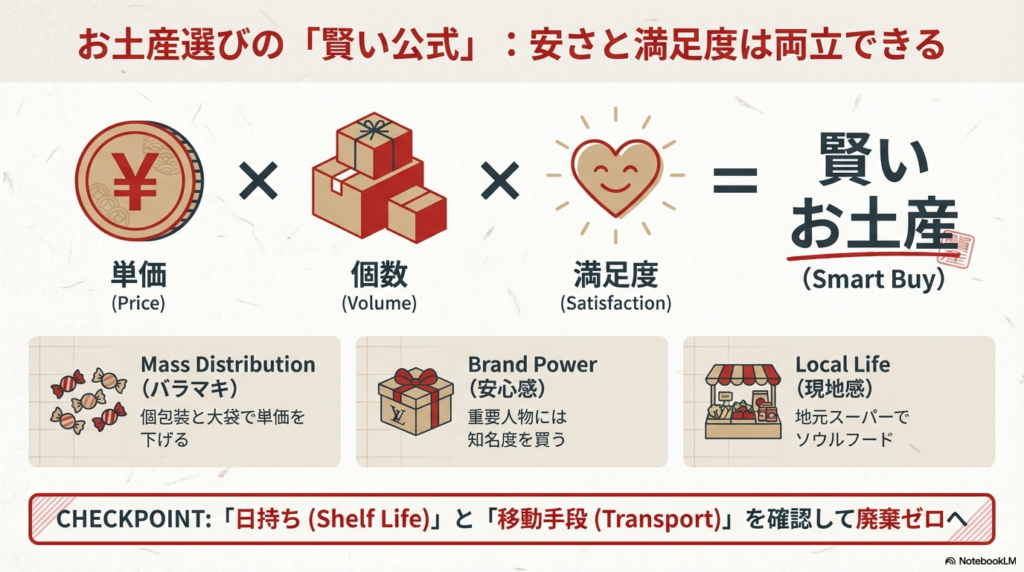 単価と個数、ブランド力、現地感のバランスを数式のように表した、スマートなお土産選びの考え方。