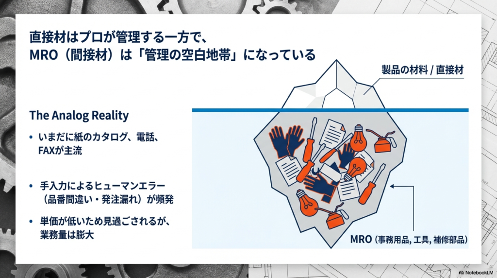 氷山のイラストで直接材と間接材（MRO）を比較。水面下のMROは事務用品や補修部品を含み、アナログ作業やヒューマンエラーが頻発する現状を説明。