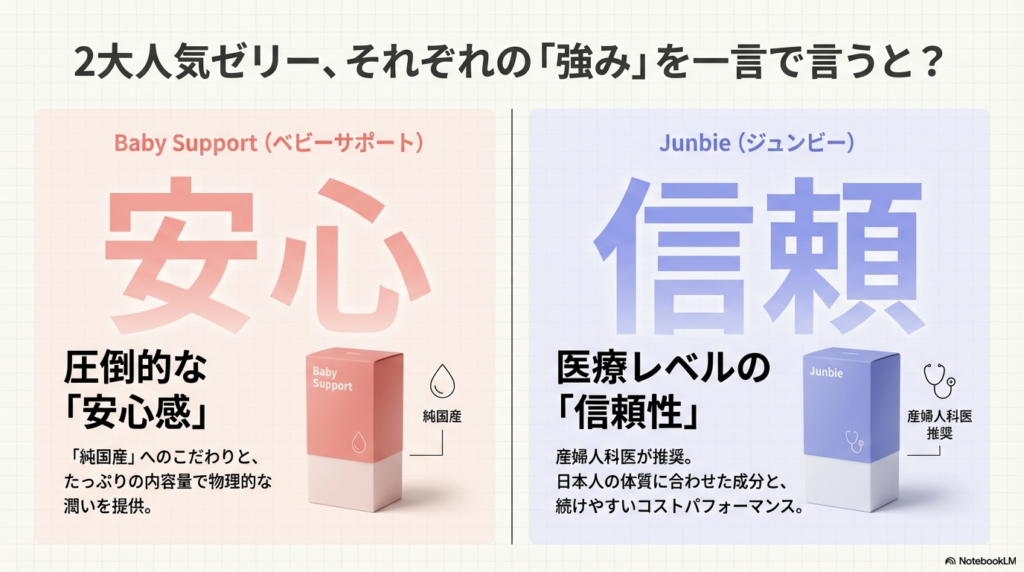 ベビーサポートは「圧倒的な安心感・純国産」、ジュンビーは「医療レベルの信頼性・産婦人科医推奨」と、両者の強みを一言でまとめた比較スライド。