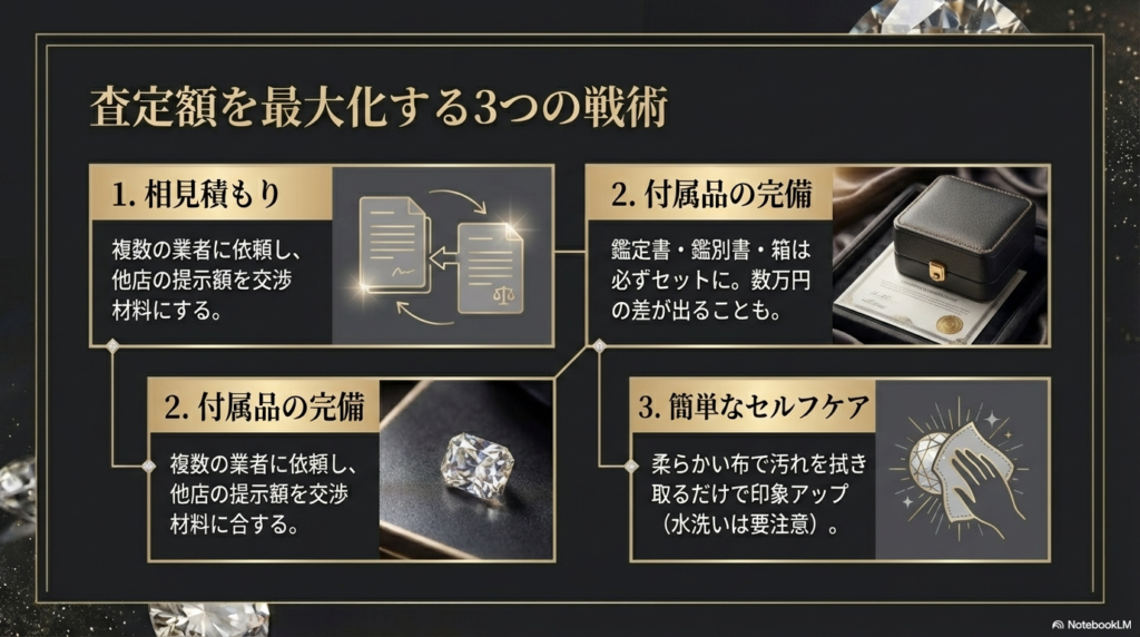 相見積もり、付属品の完備（鑑定書や箱）、簡単なセルフケア（汚れの拭き取り）の3点が査定アップに重要であることを示すスライド。
