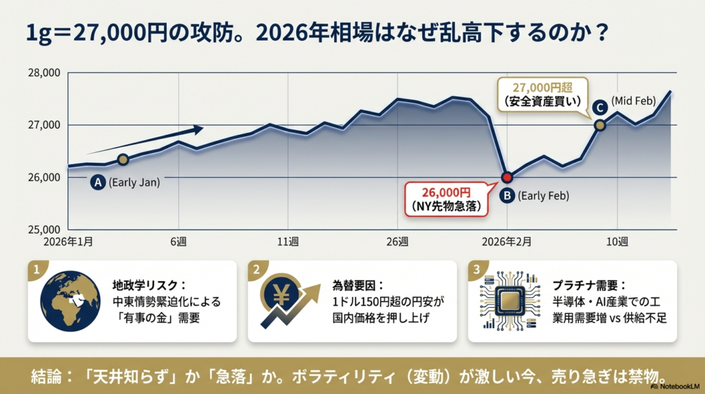 2026年初頭からの価格推移グラフ。1月の26,000円台から、2月上旬のNY先物急落による26,000円への下落、その後の地政学リスクによる27,000円超への反発を解説している。