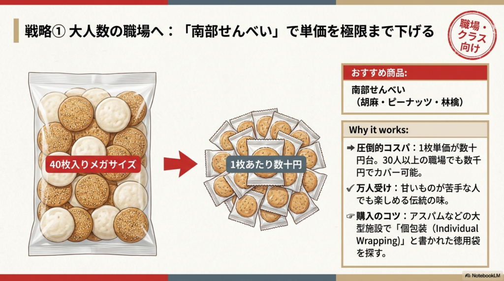 1枚あたり数十円という南部せんべいの40枚入り徳用袋と、個包装されたせんべいのイラスト。