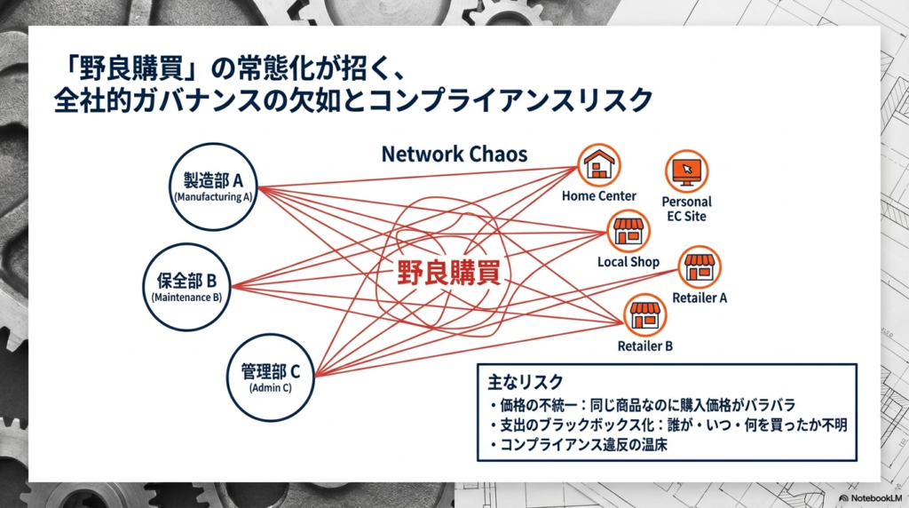 各部署がバラバラの店舗でバラバラの価格で直接購入する「野良購買」の図解。価格の不統一、支出のブラックボックス化、コンプライアンスリスクを指摘。