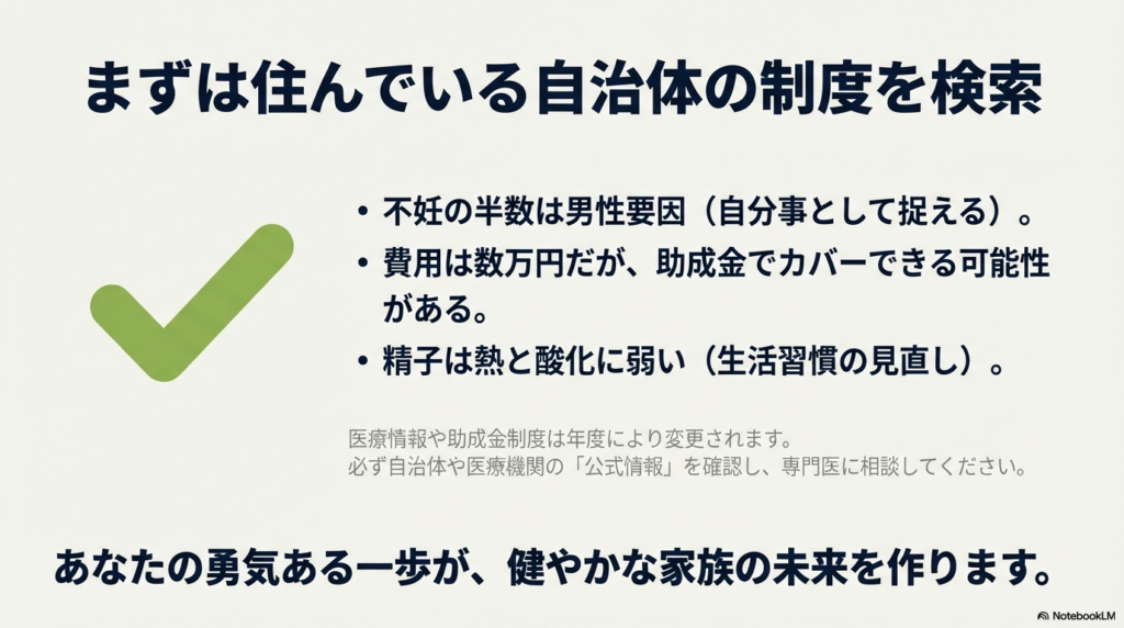 不妊の半数は男性要因であること、助成金の活用、熱と酸化への対策の3点をまとめ、自治体や医療機関の公式情報を確認して一歩踏み出すことを促すまとめスライド。