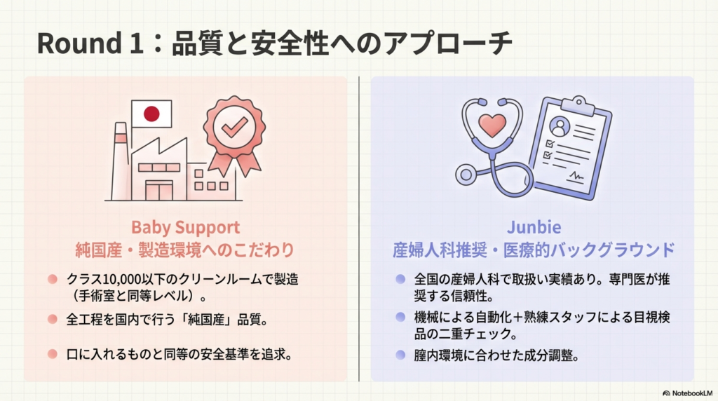 ベビーサポートのクラス10,000以下のクリーンルーム製造と、ジュンビーの産婦人科取り扱い実績・二重チェック体制を比較したイラスト入りの資料。