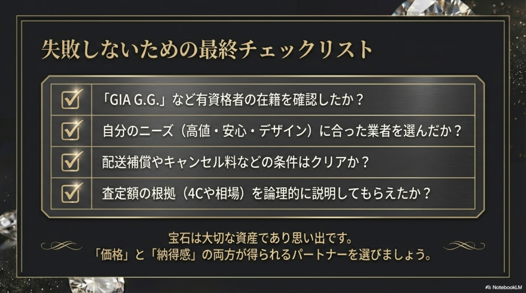 有資格者の有無、配送補償などの条件、査定理由の論理的な説明があるか、の3点を確認するチェックリスト形式のスライド。
