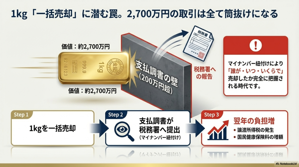 1kg（約2,700万円相当）を一括売却すると、支払調書の壁（200万円超）によりマイナンバー紐付けで税務署へ報告され、翌年の国民健康保険料などが増額するリスクを図解したスライド。
