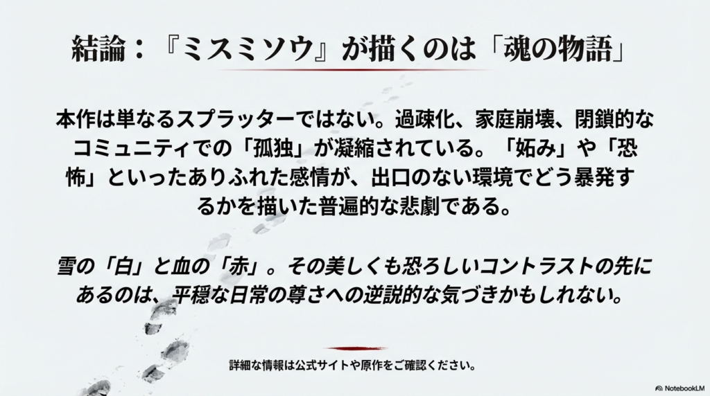 雪の上の足跡のイラストとともに、本作が孤独や恐怖が暴発する普遍的な悲劇であり、日常の尊さを再確認させる物語であることをまとめた最終スライド。