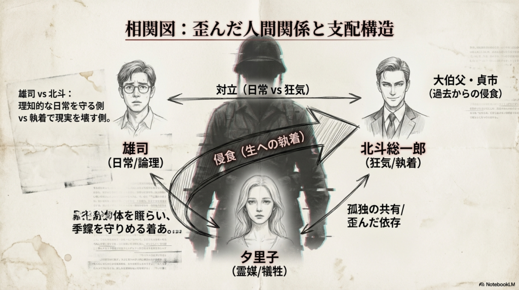 雄司、夕里子、北斗、貞市の四人の関係性を示す相関図。日常と狂気の対立や、生への執着による侵食構造が描かれている。