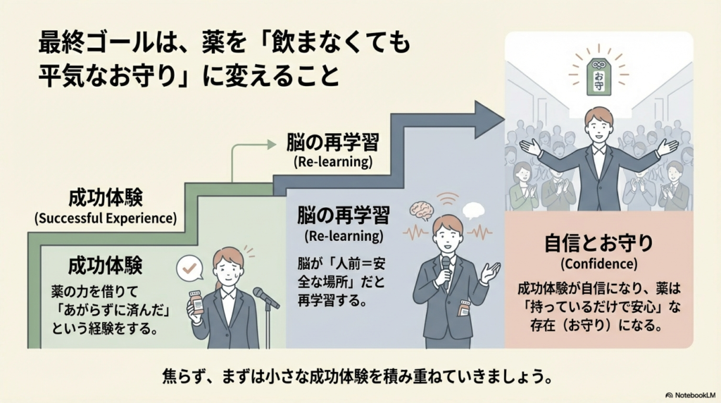 薬の力を借りた成功体験が脳の再学習を促し、自信に繋がることで、最終的に薬が持っているだけで安心な「お守り」になる過程を示したイラスト。