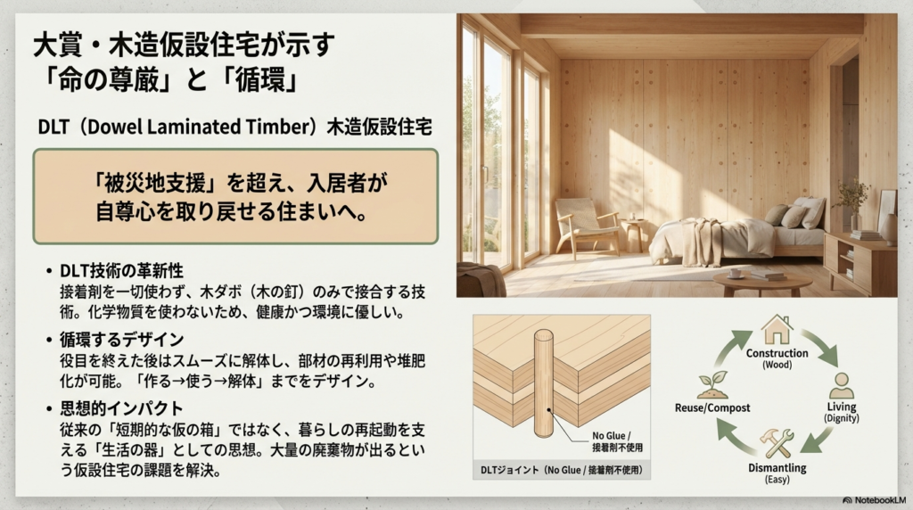 木目が美しい壁面と大きな窓、温かみのある家具が配置された木造仮設住宅の室内写真。「生活の器」としての質が高い空間。