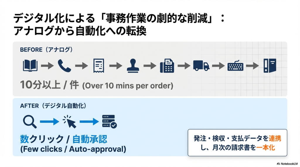 1件10分以上かかるアナログ発注と、数クリックで完了するデジタル自動化の比較図。データ連携と請求書の一本化による事務削減を強調。