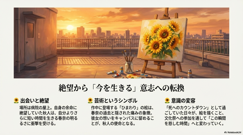 夕暮れの屋上に置かれたひまわりの絵のイラスト。絶望から「今を生きる」意志への変容と、ひまわりの絵が春奈の痛みの象徴であることを示している。