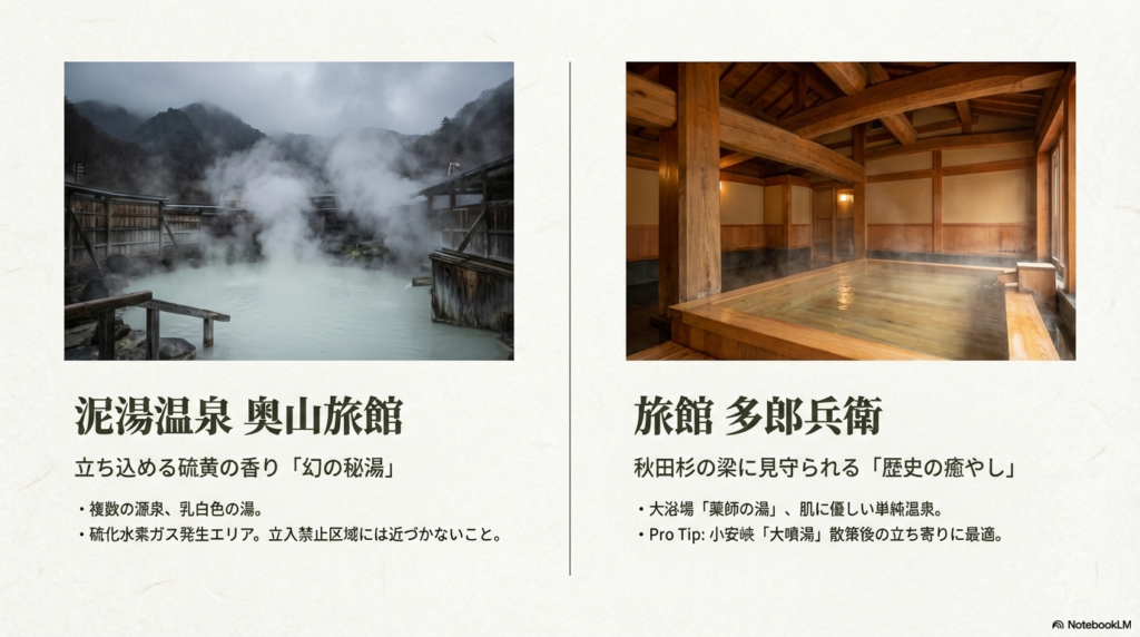 泥湯温泉奥山旅館の乳白色の湯と硫化水素ガスへの注意喚起、および旅館多郎兵衛の秋田杉の梁が特徴的な大浴場の紹介 。