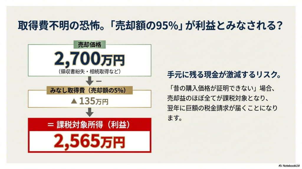 売却価格2,700万円に対し、取得費が不明な場合、5%の135万円しか経費として認められず、2,565万円が課税対象利益になってしまう計算例を示すスライド。