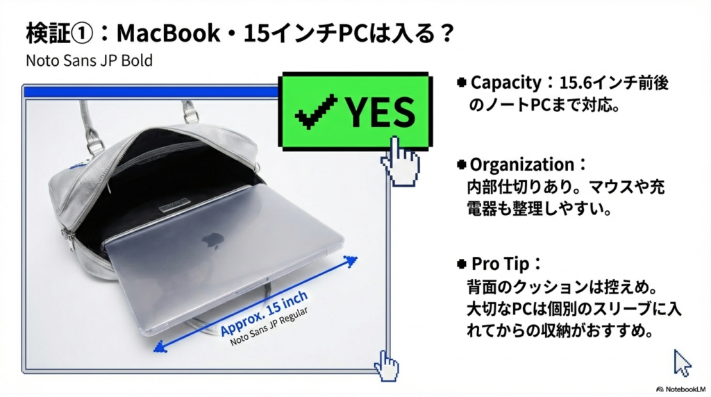 シルバーのバッグに15インチのノートPCを収納している写真。15.6インチ前後まで対応可能であることや、内部仕切りの存在、クッション性が控えめなためスリーブ併用を推奨するプロのヒントが記載されている。