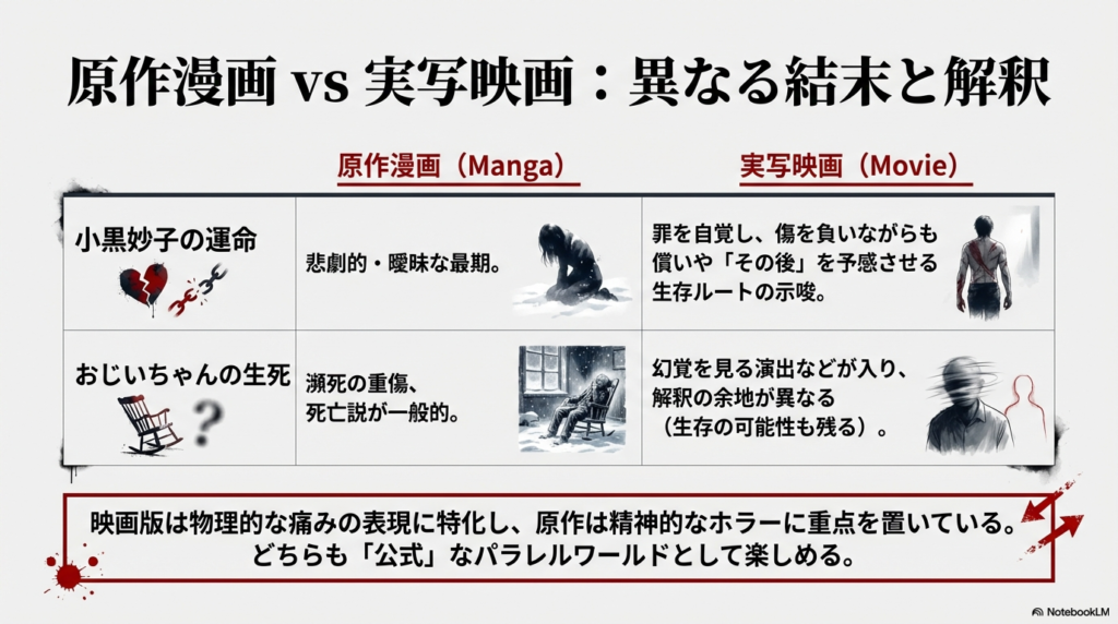 小黒妙子の運命やおじいちゃんの生死について、原作漫画と実写映画版での描かれ方の違いを比較した表形式のスライド。