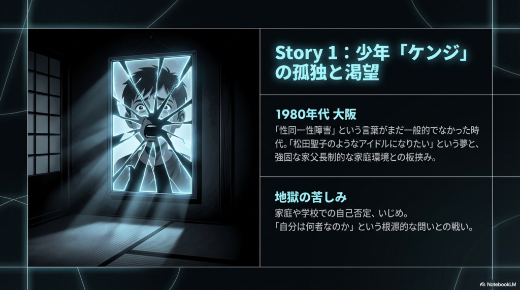 ひび割れた鏡に映る、絶叫する少年のイラスト。1980年代の大阪を背景に、強固な家父長制の中での自己否定といじめに苦しむ「ケンジ」の孤独を表現している 。