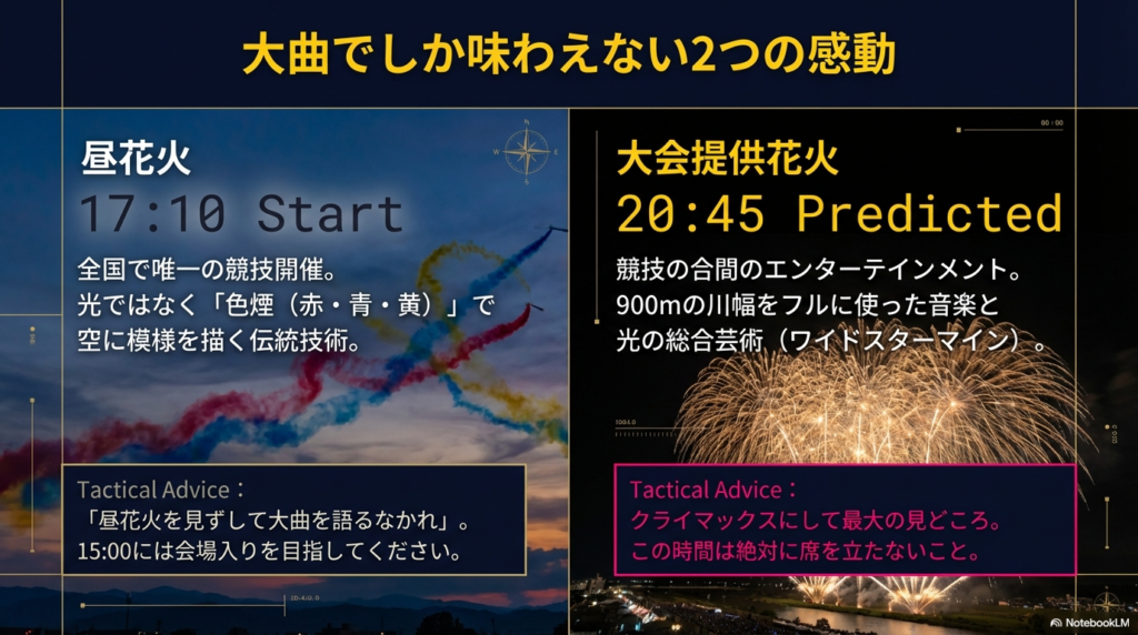 17:10開始の伝統技術「昼花火」と、20:45開始予測の「大会提供花火」の見どころとアドバイスを記載したスライド 。