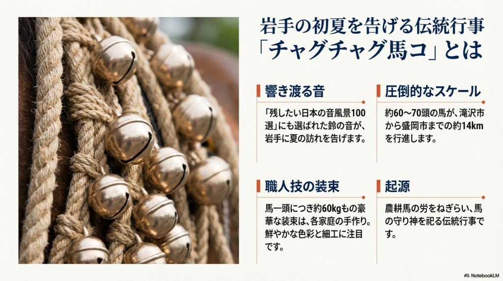 たくさんの真鍮の鈴が編み込まれた馬具のアップ写真。約60〜70頭の馬が行進することや、馬の労をねぎらう伝統行事であることの説明文 。