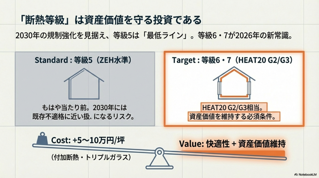 断熱等級5(ZEH水準)は最低ラインであり、2026年は等級6・7(HEAT20 G2/G3)が新常識であることを示す比較図。坪単価+5〜10万円の投資で快適性と資産価値を維持することを説明。