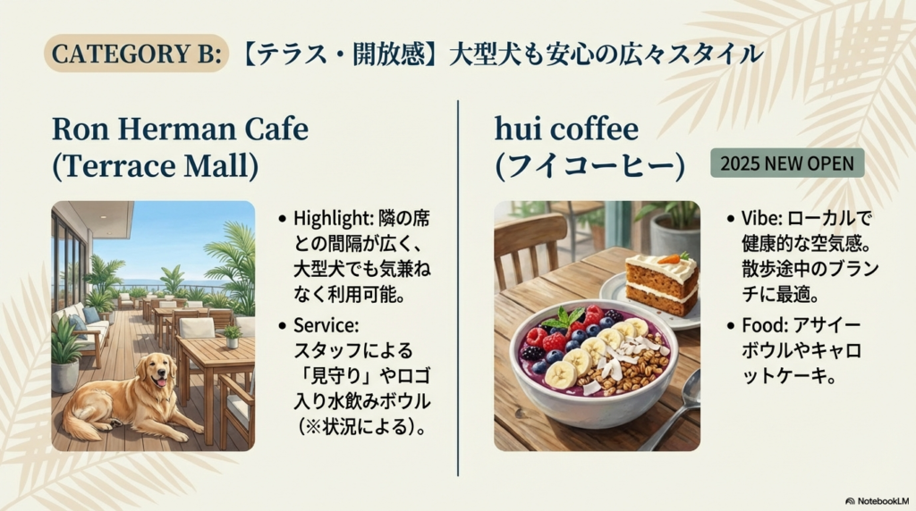 広々としたテラス席でくつろぐゴールデンレトリバーと、アサイーボウルの画像。大型犬でも安心な広さや新店情報が記載されています。