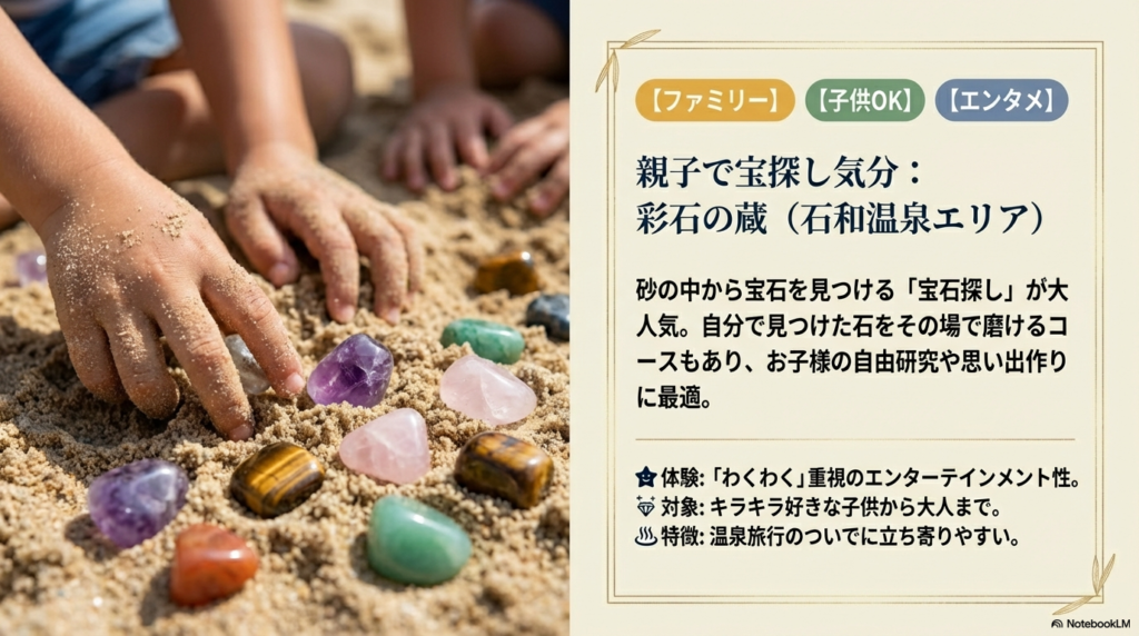 「親子で宝探し気分」というキャッチコピーとともに、砂の中から宝石を見つける「宝石探し」や、お子様の思い出作りに最適な点を紹介するスライド 。