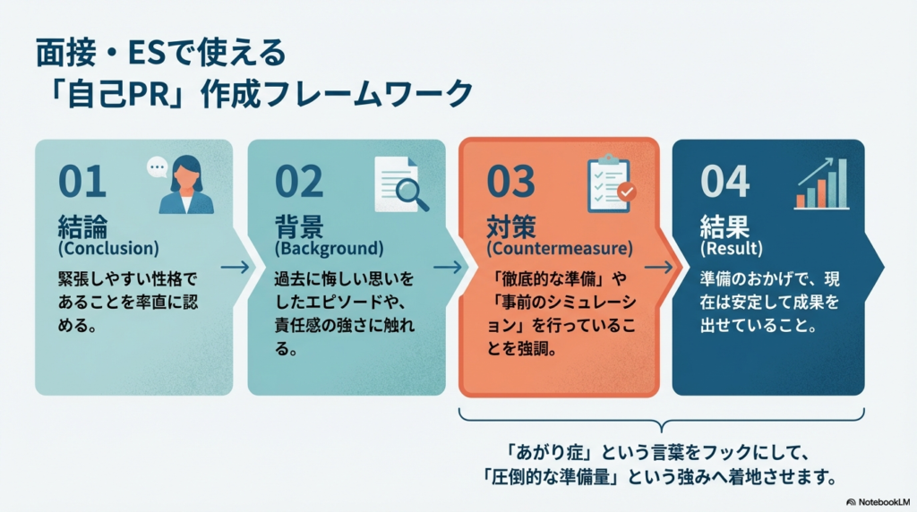 結論、背景、対策、結果の4つのステップで、あがり症を準備量という強みに繋げて伝えるための構成案。
