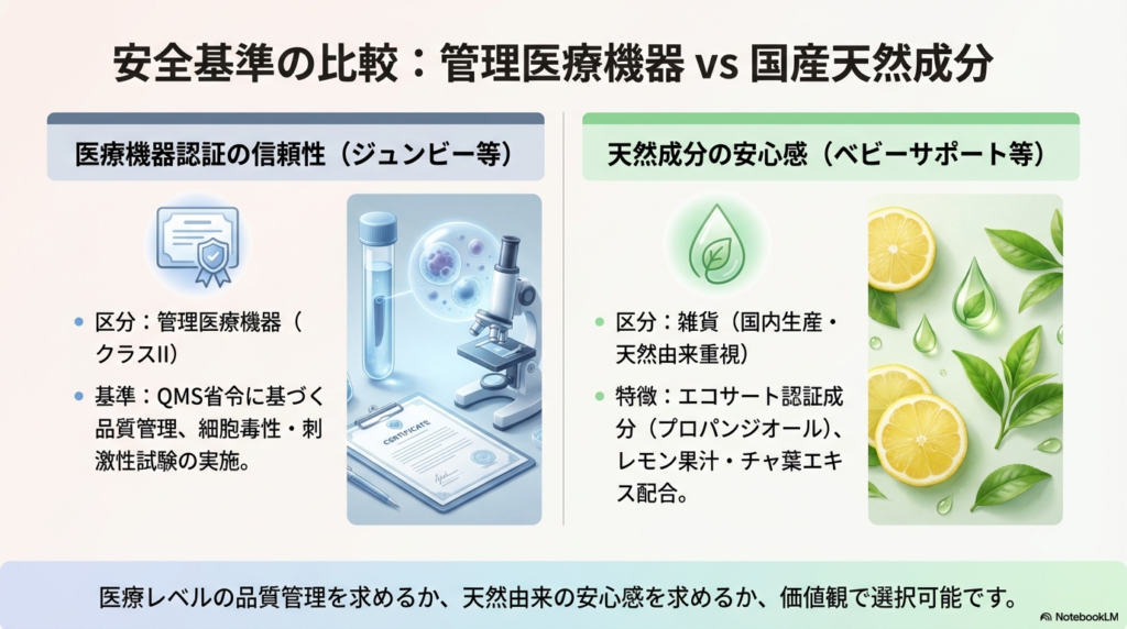管理医療機器認証（ジュンビー等）と国産天然成分（ベビーサポート等）の区分や特徴の違いを比較したイラスト。