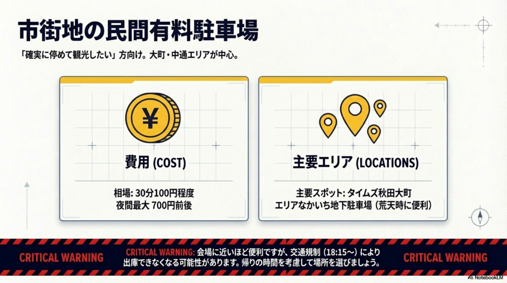 30分100円程度、夜間最大700円前後という費用相場と、18:15以降の交通規制による「閉じ込め」リスクへの注意喚起。