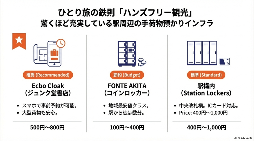 ecbo cloak、駅構内ロッカー、FONTE AKITAの3つの預かり方法を、予約の可否や料金(100円〜1,000円)で比較したスライド。