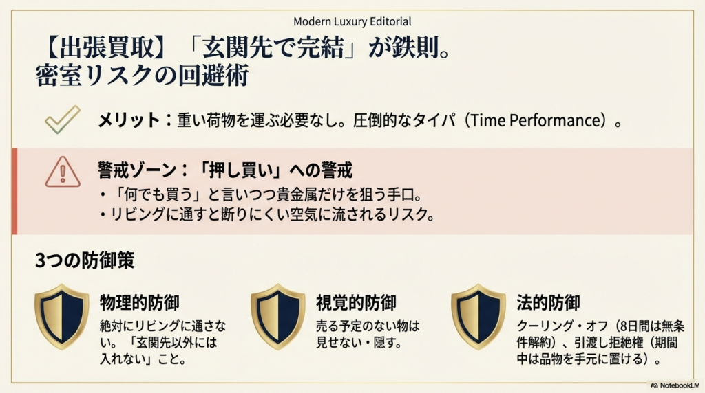 玄関先で完結させる物理的防御、見せない視覚的防御、クーリング・オフなどの法的防御の3点をまとめた防犯スライド。