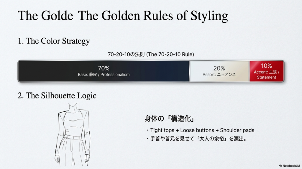 タイトなトップスとゆったりとしたパンツを合わせた女性のイラスト。70-20-10のカラー法則と、肩パッドやタイトなトップスで身体を構造化するシルエット論について解説されている。