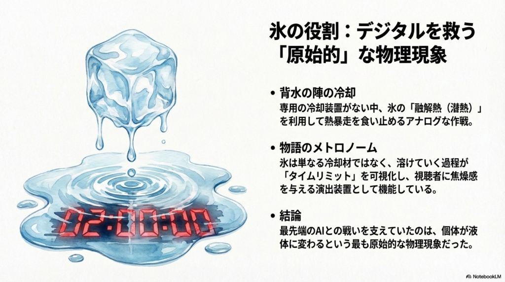 溶けゆく氷の塊と、水面に映る「02:00:00」という赤いデジタルタイマーのイラスト。 氷の「融解熱（潜熱）」を利用して熱暴走を食い止めるアナログな作戦が、物語のタイムリミットを可視化する演出装置として機能していることを説明している。