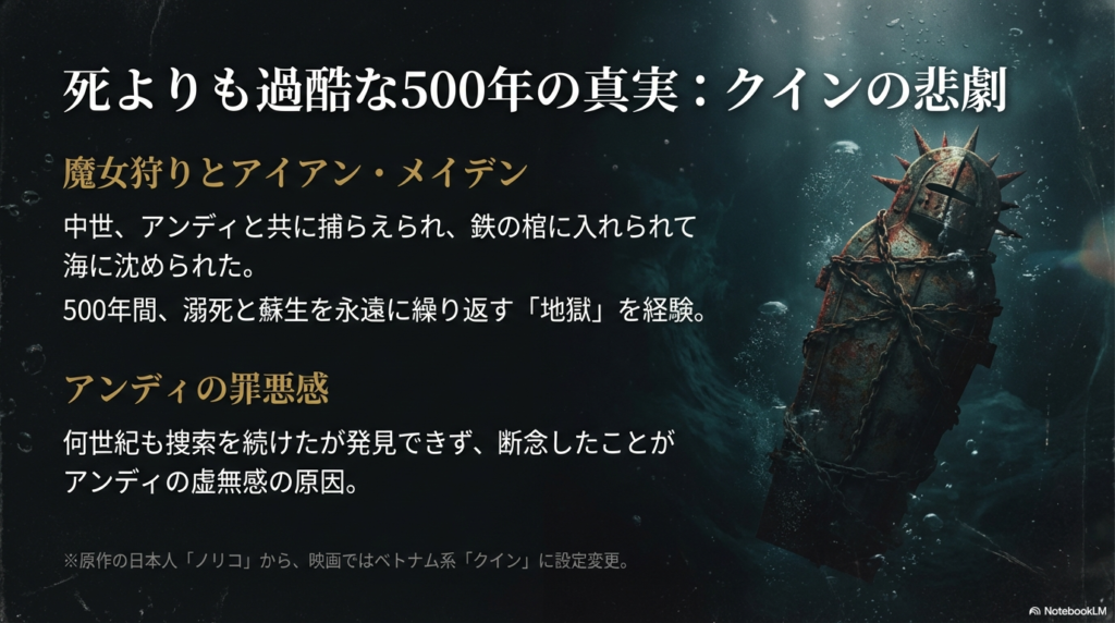 クインが鉄の棺（アイアン・メイデン）に閉じ込められ、500年間溺死と蘇生を繰り返した真実についての説明。原作の「ノリコ」から設定変更された点にも言及 。