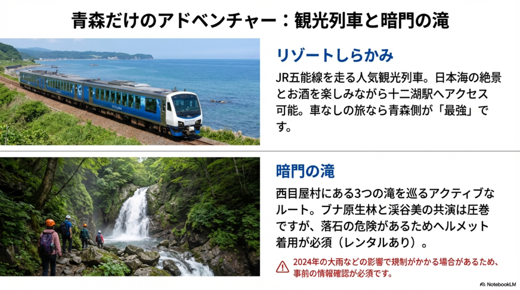 JR五能線を走る観光列車「リゾートしらかみ」と、ヘルメット着用必須で挑むアクティブな「暗門の滝」ルートの紹介。
