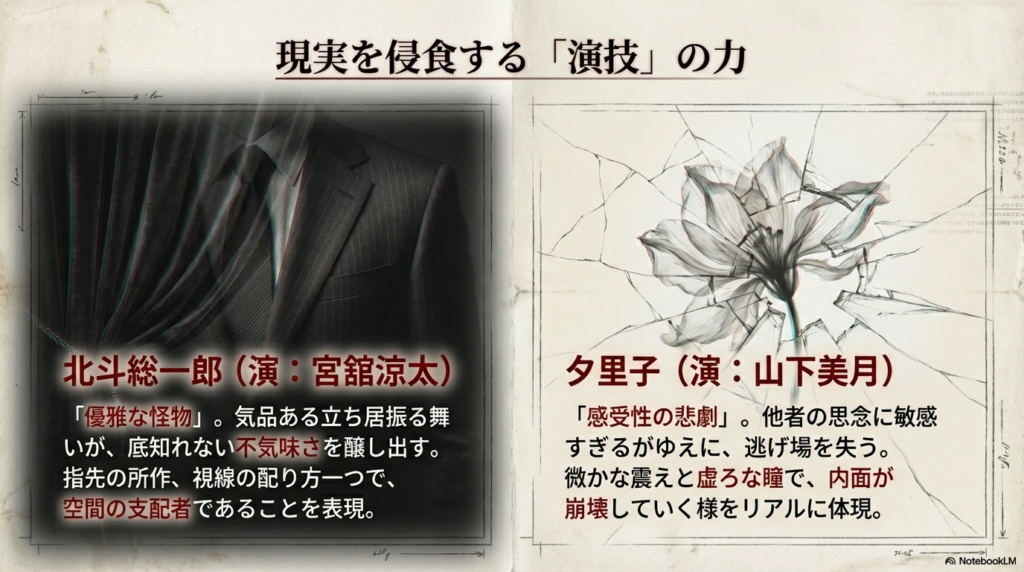 北斗総一郎役の宮舘涼太さんの「優雅な怪物」としての所作と、夕里子役の山下美月さんの崩壊していく内面の演技について解説したスライド。