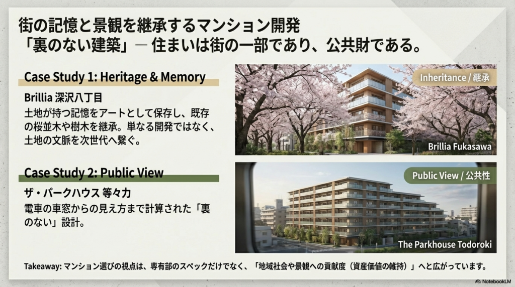 既存の桜並木を継承した「Brillia 深沢八丁目」と、電車の車窓からの見え方を計算した「ザ・パークハウス 等々力」の外観写真。