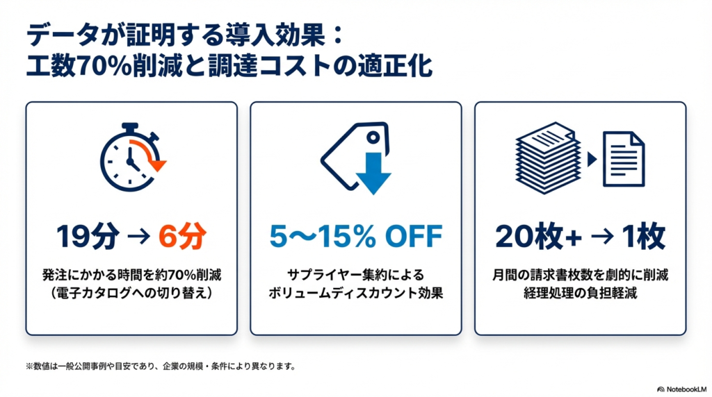発注時間を19分から6分へ短縮、5-15%のボリュームディスカウント、請求書枚数を20枚から1枚へ削減するなど、具体的な導入効果の数値。
