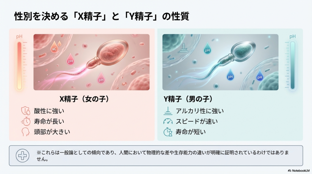 X精子（女の子）は酸性に強く寿命が長い、Y精子（男の子）はアルカリ性に強くスピードが速いといった、一般的に言われる精子の性質を比較したイラスト。