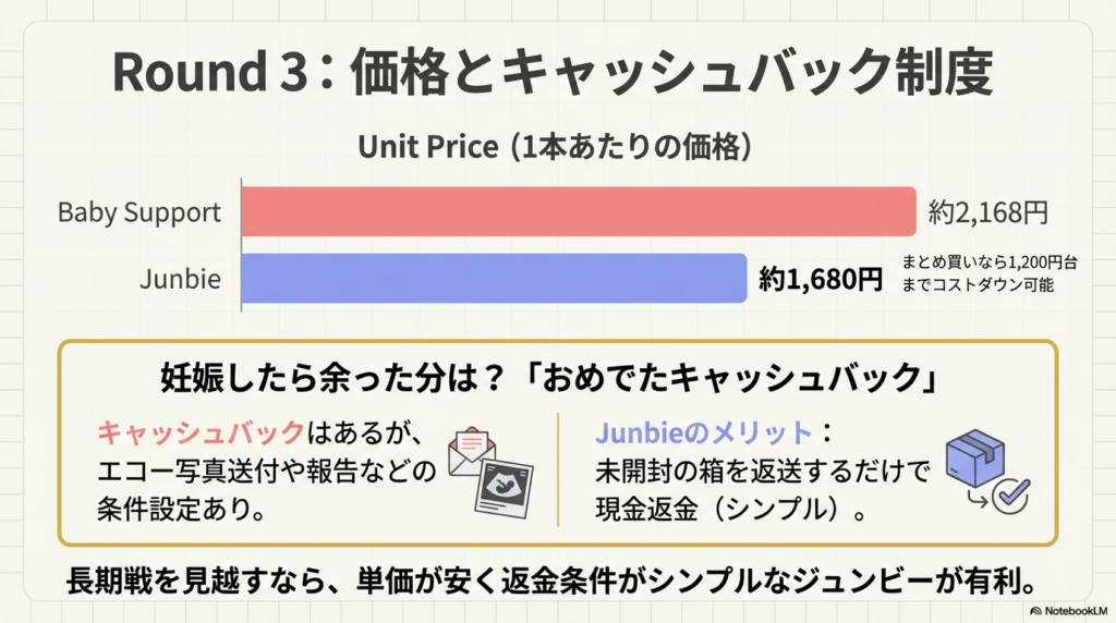 1本当たりの単価（ベビーサポート約2,168円、ジュンビー約1,680円）と、両社のキャッシュバック条件（エコー写真報告 vs シンプルな未開封箱返送）の比較表。