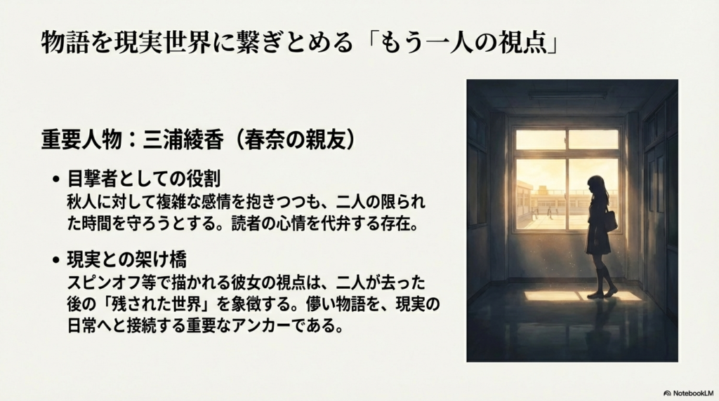 教室の窓辺に立つ女子生徒のシルエット。春奈の親友・綾香が、物語を現実世界に繋ぎとめる「目撃者」であり「アンカー」であることを解説している。