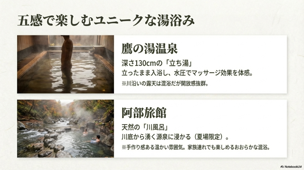 鷹の湯温泉の深さ130cmの立ち湯と、阿部旅館の夏場限定の天然川風呂（混浴）を紹介する写真と説明 。